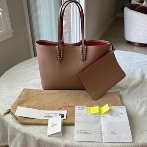 Christian Louboutin Cabata small Nude Leather Tote with Red Interior